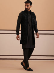 Black Embroidered Long Shrug with Kurta Pyjama Set (JOKPWCS 592B 4145 Black )