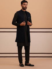 Navy Blue Embroidered Long Shrug with Kurta Pyjama Set ( JOKPWCS 592B 4145 B 4145Navy )