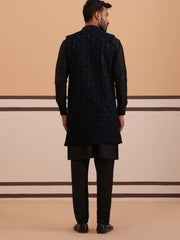 Navy Blue Embroidered Long Shrug with Kurta Pyjama Set ( JOKPWCS 592B 4145 B 4145Navy )