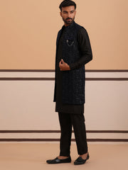 Navy Blue Embroidered Long Shrug with Kurta Pyjama Set ( JOKPWCS 592B 4145 B 4145Navy )