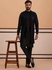 Navy Blue Embroidered Long Shrug with Kurta Pyjama Set ( JOKPWCS 592B 4145 B 4145Navy )