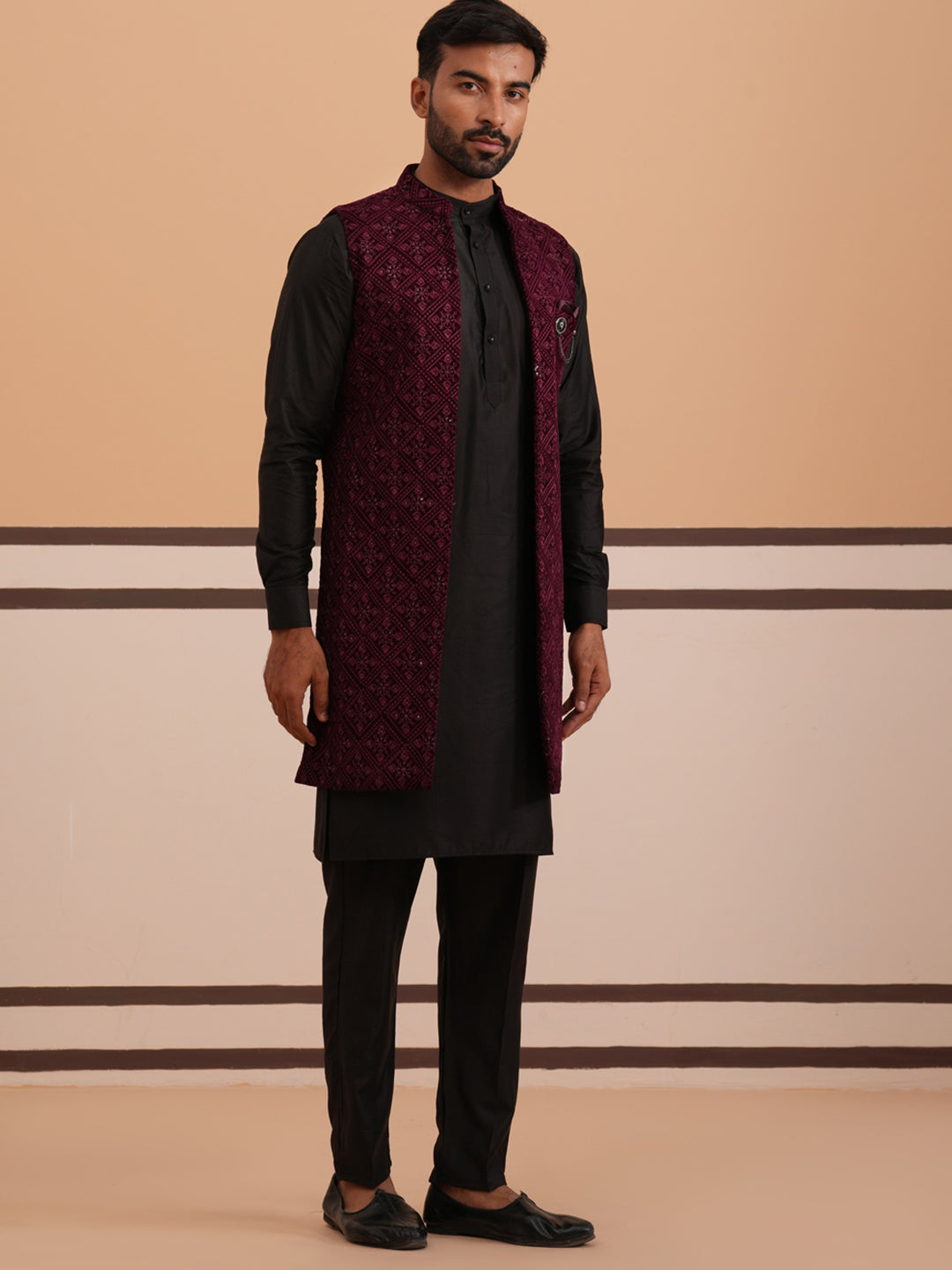 DesiQlo Men Embroidered Nehru Jacket and Kurta Pyjama S - JO purp 2
