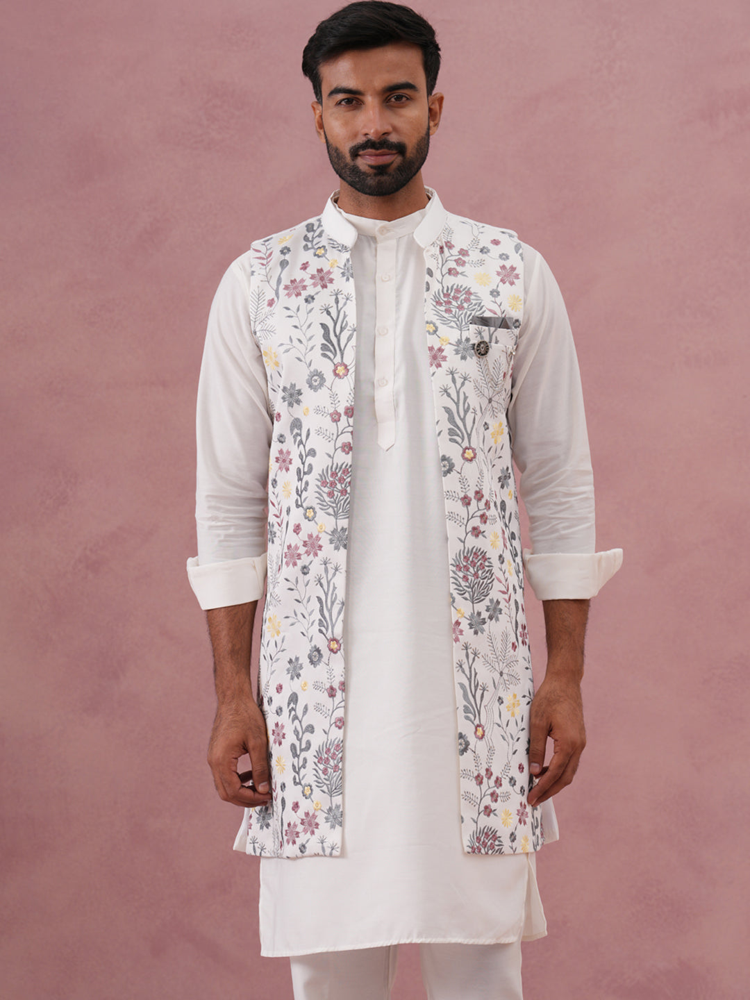 DesiQlo Men Embroidered Nehru Jacket and Kurta Pyjama S - JO white