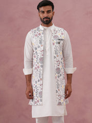 Festive Floral Embroidered Shrug Kurta Set ( JOKPWCS 592W 4143 W 4143 White )