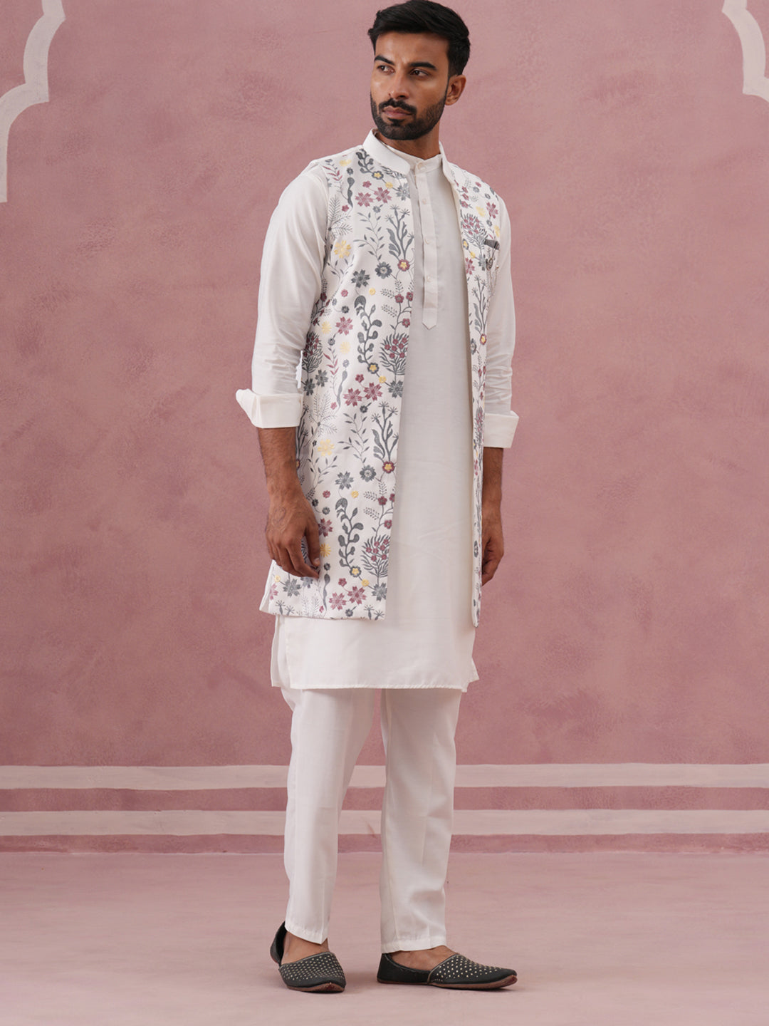 DesiQlo Men Embroidered Nehru Jacket and Kurta Pyjama S - JO white