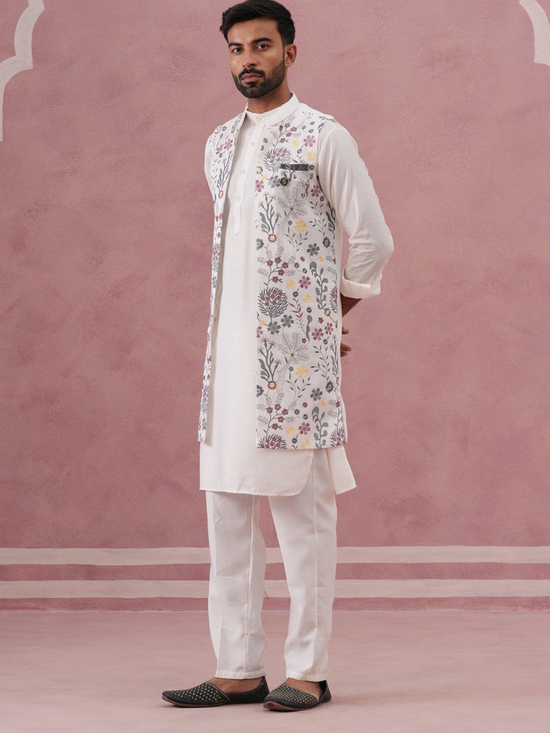 DesiQlo Men Embroidered Nehru Jacket and Kurta Pyjama S - JO white