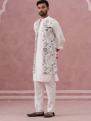 Festive Floral Embroidered Shrug Kurta Set ( JOKPWCS 592W 4143 W 4143 White )