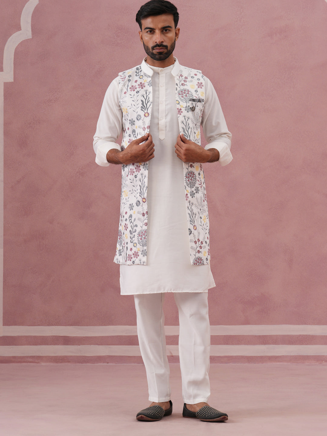 DesiQlo Men Embroidered Nehru Jacket and Kurta Pyjama S - JO white