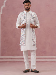 Festive Floral Embroidered Shrug Kurta Set ( JOKPWCS 592W 4143 W 4143 White )