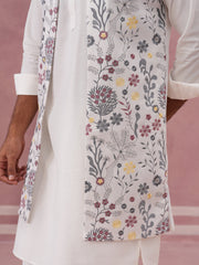 Festive Floral Embroidered Shrug Kurta Set ( JOKPWCS 592W 4143 W 4143 White )