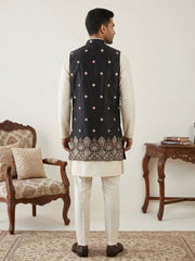 Embroidered Nehru Jacket with Kurta Pyjama Set ( 65KPWCS 592W 4153Black )