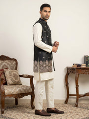 Embroidered Nehru Jacket with Kurta Pyjama Set ( 65KPWCS 592W 4153Black )