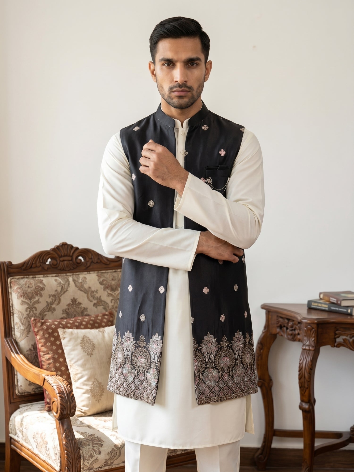 DesiQlo Men Embroidered Nehru Jacket and Kurta Pyjama S - 65 3bla 2
