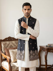 Embroidered Nehru Jacket with Kurta Pyjama Set ( 65KPWCS 592W 4153Black )