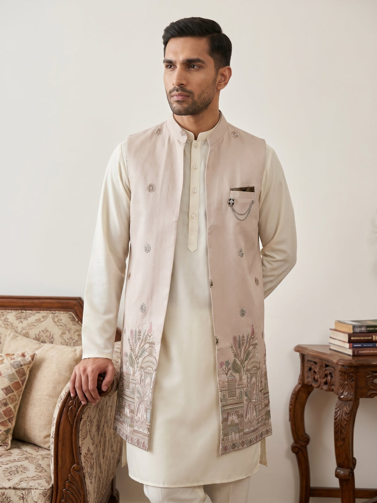 Embroidered Nehru Jacket with Kurta Pyjama Set ( 65KPWCS 592W 4153Peach )