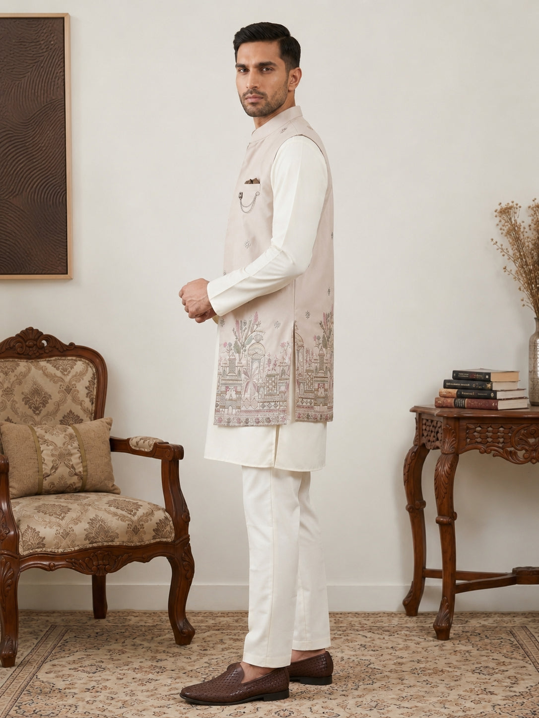 DesiQlo Men Embroidered Nehru Jacket and Kurta Pyjama S - 65 3pea 2