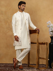Embroidered Nehru Jacket with Kurta Pyjama Set ( 65KPWCS 592W 4153White )