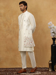 Embroidered Nehru Jacket with Kurta Pyjama Set ( 65KPWCS 592W 4153White )