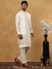Embroidered Nehru Jacket with Kurta Pyjama Set ( 65KPWCS 592W 4153White )