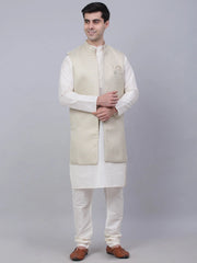 Men's Solid Kurta Pyjama With Shrug Jacket ( JOKPWCS W-D 4067Beige )-JOKPWCS-W-D-4067