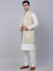 Men's Solid Kurta Pyjama With Shrug Jacket ( JOKPWCS W-D 4067Beige )-JOKPWCS-W-D-4067