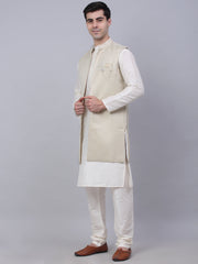 Men's Solid Kurta Pyjama With Shrug Jacket ( JOKPWCS W-D 4067Beige )-JOKPWCS-W-D-4067