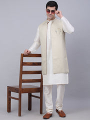 Men's Solid Kurta Pyjama With Shrug Jacket ( JOKPWCS W-D 4067Beige )-JOKPWCS-W-D-4067