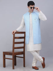 Men's Solid Kurta Pyjama With Shrug Jacket ( JOKPWCS W-D 4067Blue )-JOKPWCS-W-D-4067