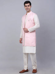 Men's Solid Kurta Pyjama With Shrug Jacket ( JOKPWCS W-D 4067Pink )-JOKPWCS-W-D-4067
