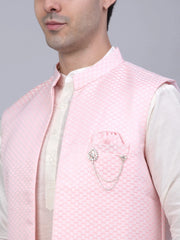 Men's Solid Kurta Pyjama With Shrug Jacket ( JOKPWCS W-D 4067Pink )-JOKPWCS-W-D-4067