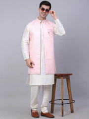 Men's Solid Kurta Pyjama With Shrug Jacket ( JOKPWCS W-D 4067Pink )-JOKPWCS-W-D-4067