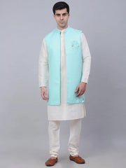 Men's Solid Kurta Pyjama With Shrug Jacket ( JOKPWCS W-D 4067Sky )-JOKPWCS-W-D-4067