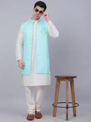 Men's Solid Kurta Pyjama With Shrug Jacket ( JOKPWCS W-D 4067Sky )-JOKPWCS-W-D-4067