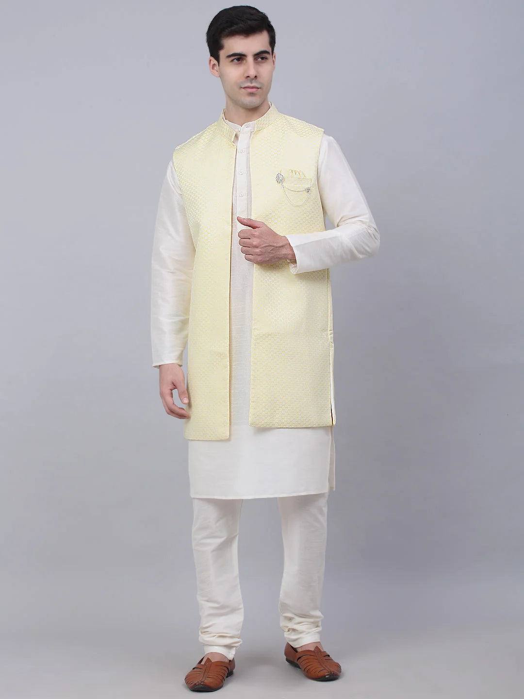 Yellow Solid Mens Kurta Pajama Set with Shrug Jacket