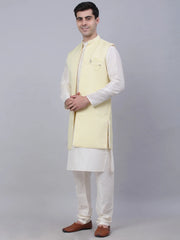 Men's Solid Kurta Pyjama With Shrug Jacket ( JOKPWCS W-D 4067Yellow )-JOKPWCS-W-D-4067