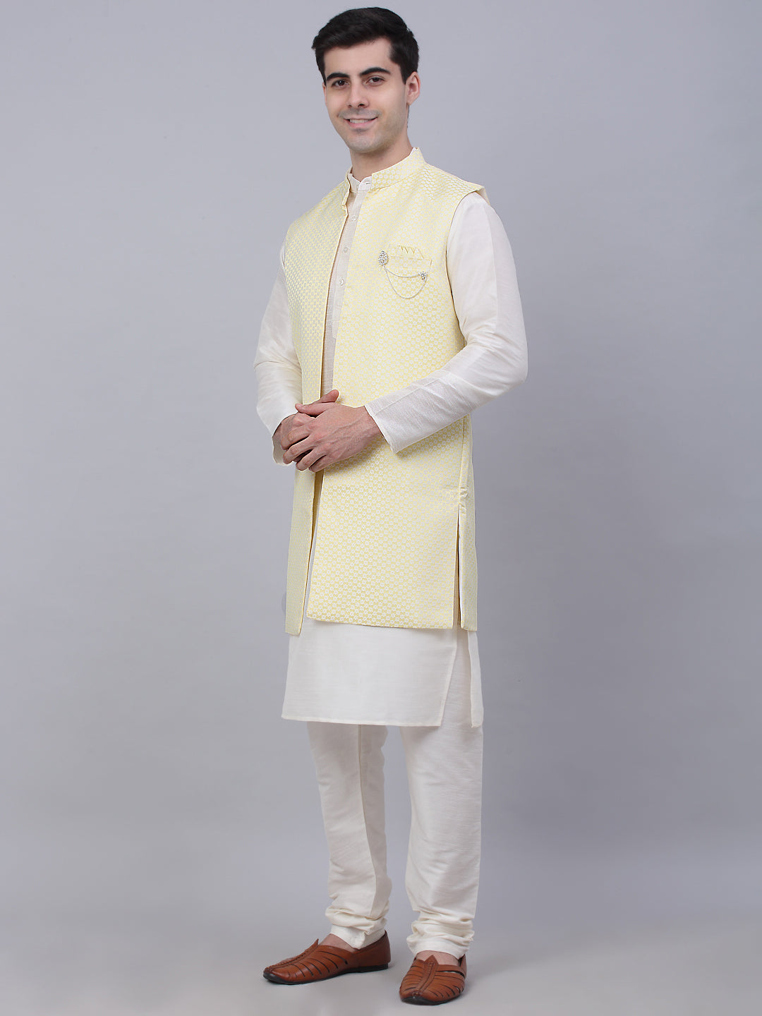 Yellow Solid Mens Kurta Pajama Set with Shrug Jacket