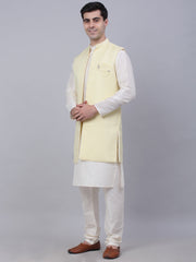 Men's Solid Kurta Pyjama With Shrug Jacket ( JOKPWCS W-D 4067Yellow )-JOKPWCS-W-D-4067