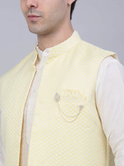 Men's Solid Kurta Pyjama With Shrug Jacket ( JOKPWCS W-D 4067Yellow )-JOKPWCS-W-D-4067