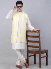 Men's Solid Kurta Pyjama With Shrug Jacket ( JOKPWCS W-D 4067Yellow )-JOKPWCS-W-D-4067
