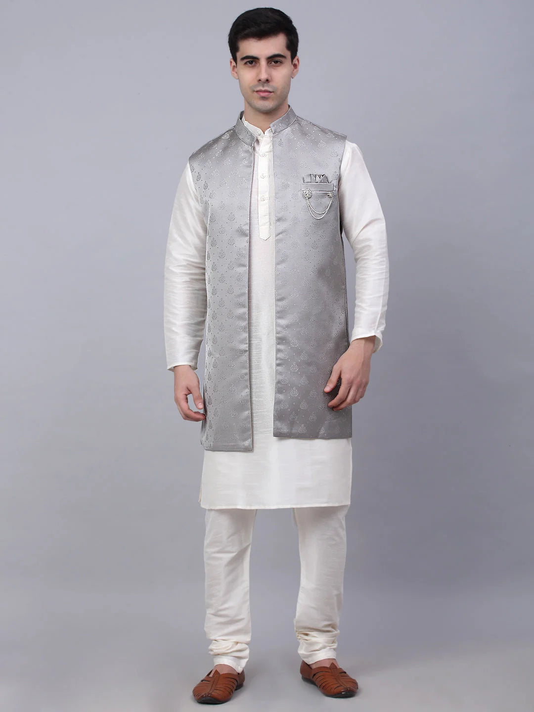 Grey Solid Mens Kurta Pajama Set with Shrug Jacket