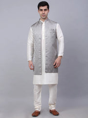 Men's Solid Kurta Pyjama With Shrug Jacket ( JOKPWCS W-D 4068Grey )-JOKPWCS-W-D-4068