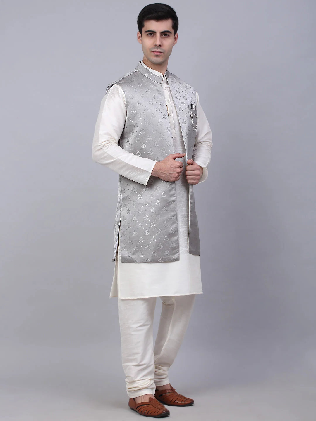 Grey Solid Mens Kurta Pajama Set with Shrug Jacket