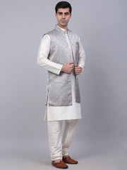 Men's Solid Kurta Pyjama With Shrug Jacket ( JOKPWCS W-D 4068Grey )-JOKPWCS-W-D-4068