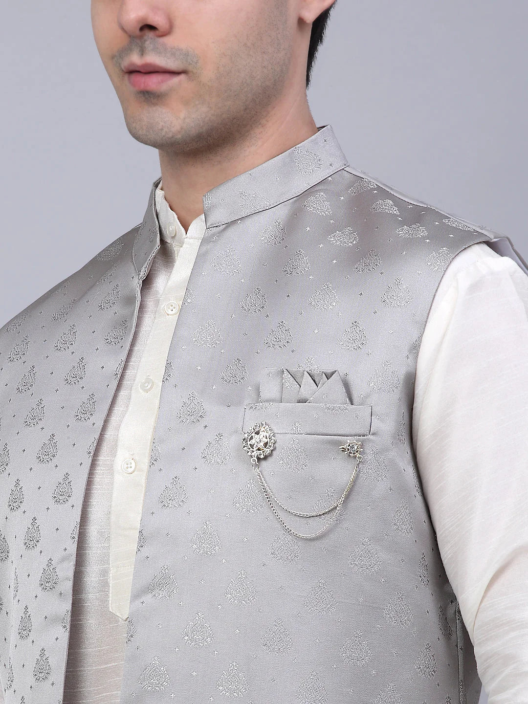 Grey Solid Mens Kurta Pajama Set with Shrug Jacket