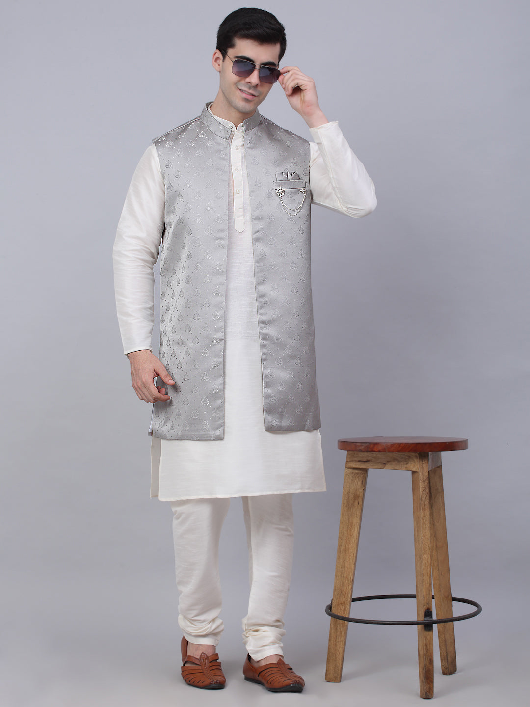 Grey Solid Mens Kurta Pajama Set with Shrug Jacket