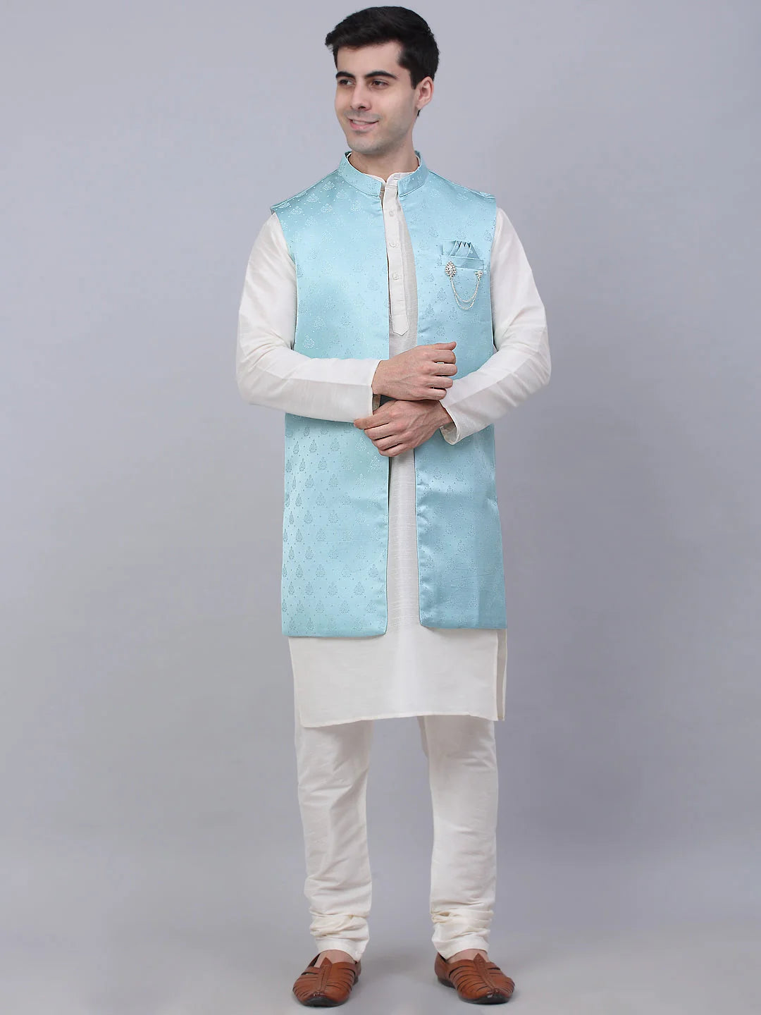 Men's Solid Kurta Pyjama With Shrug Jacket ( JOKPWCS W-D 4068Sky )-JOKPWCS-W-D-4068
