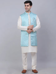 Men's Solid Kurta Pyjama With Shrug Jacket ( JOKPWCS W-D 4068Sky )-JOKPWCS-W-D-4068