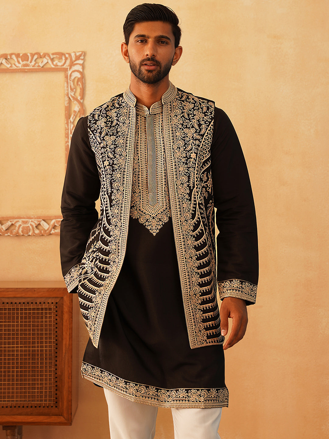 DesiQlo Men Embroidered Nehru Jacket and Kurta Pyjama S - JO 4bla 2