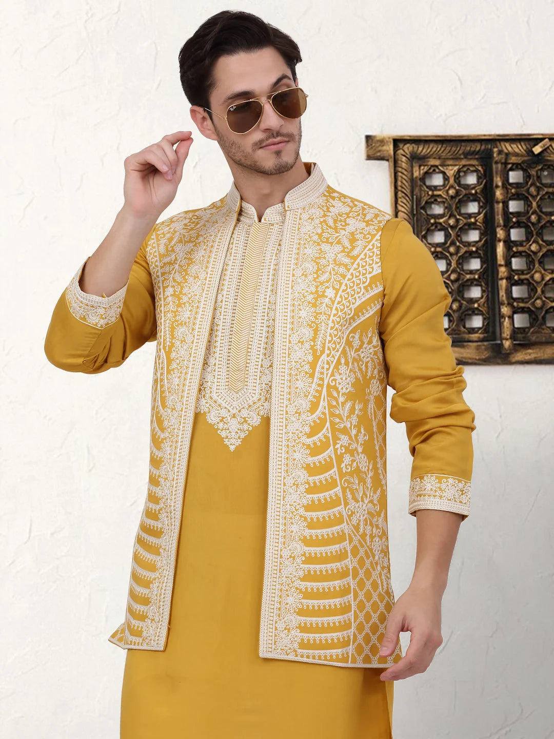 Mustard Embroidered Mens Kurta Pajama Set with Waistcoat - Style 1