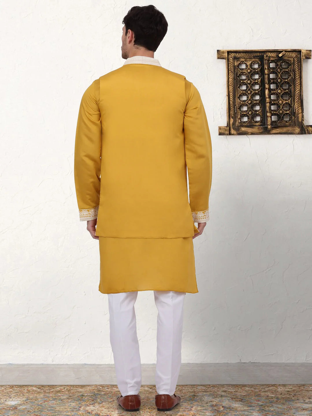 Mustard Embroidered Mens Kurta Pajama Set with Waistcoat - Style 1